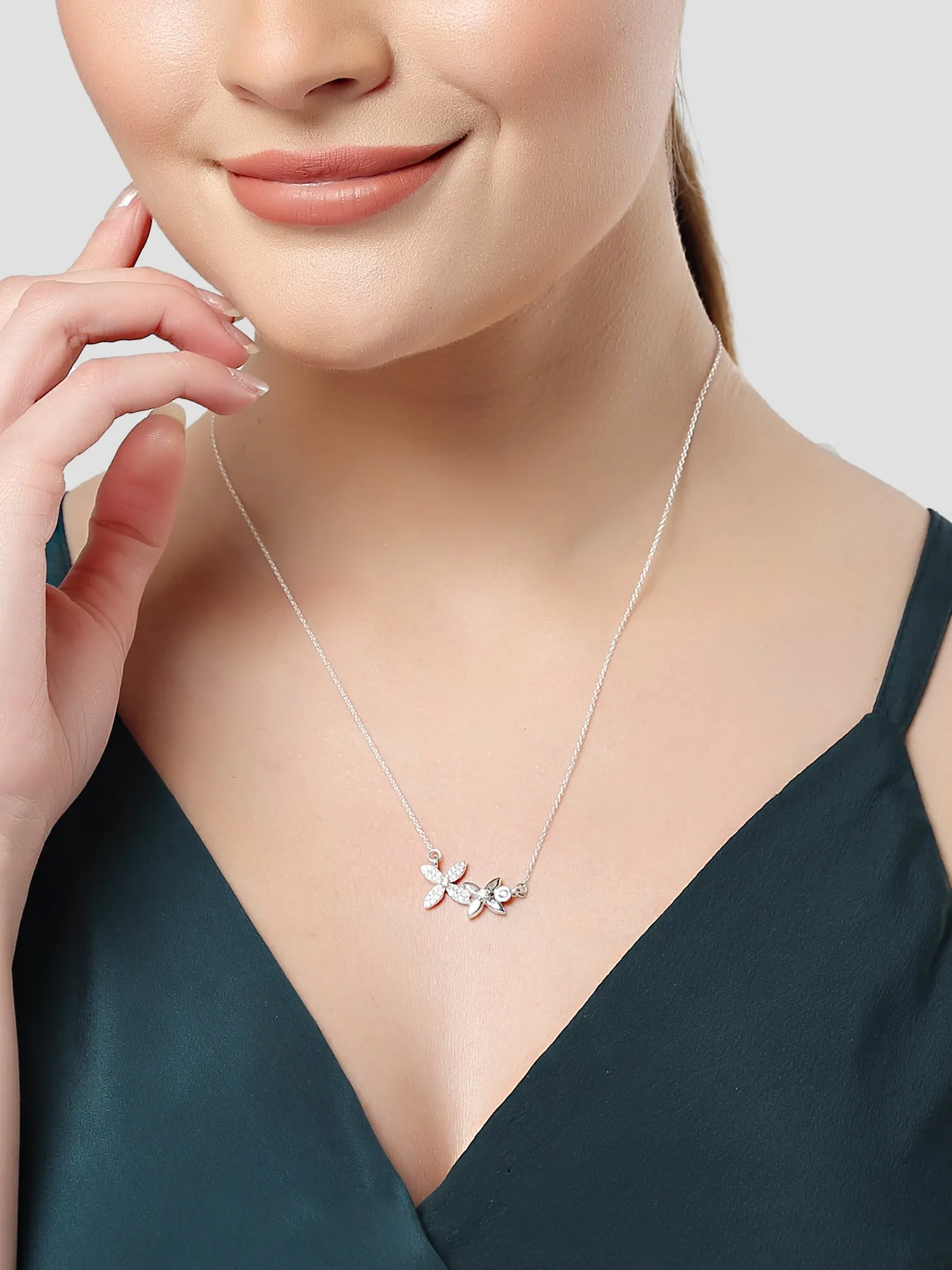 KUNUZ 925 Sterling Silver Rhodium-Plated Floral Pendant Studded with CZ for Women