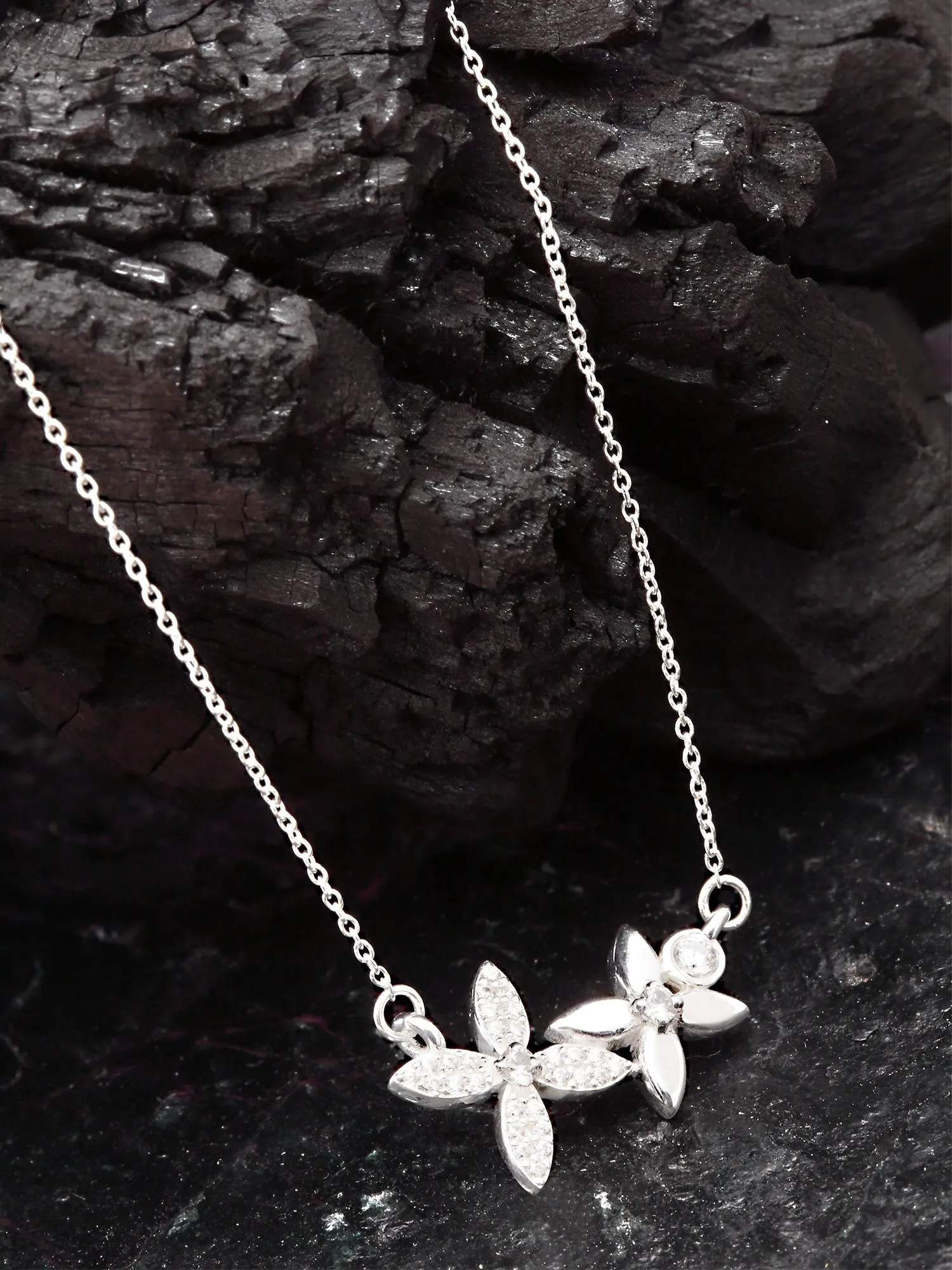 KUNUZ 925 Sterling Silver Rhodium-Plated Floral Pendant Studded with CZ for Women