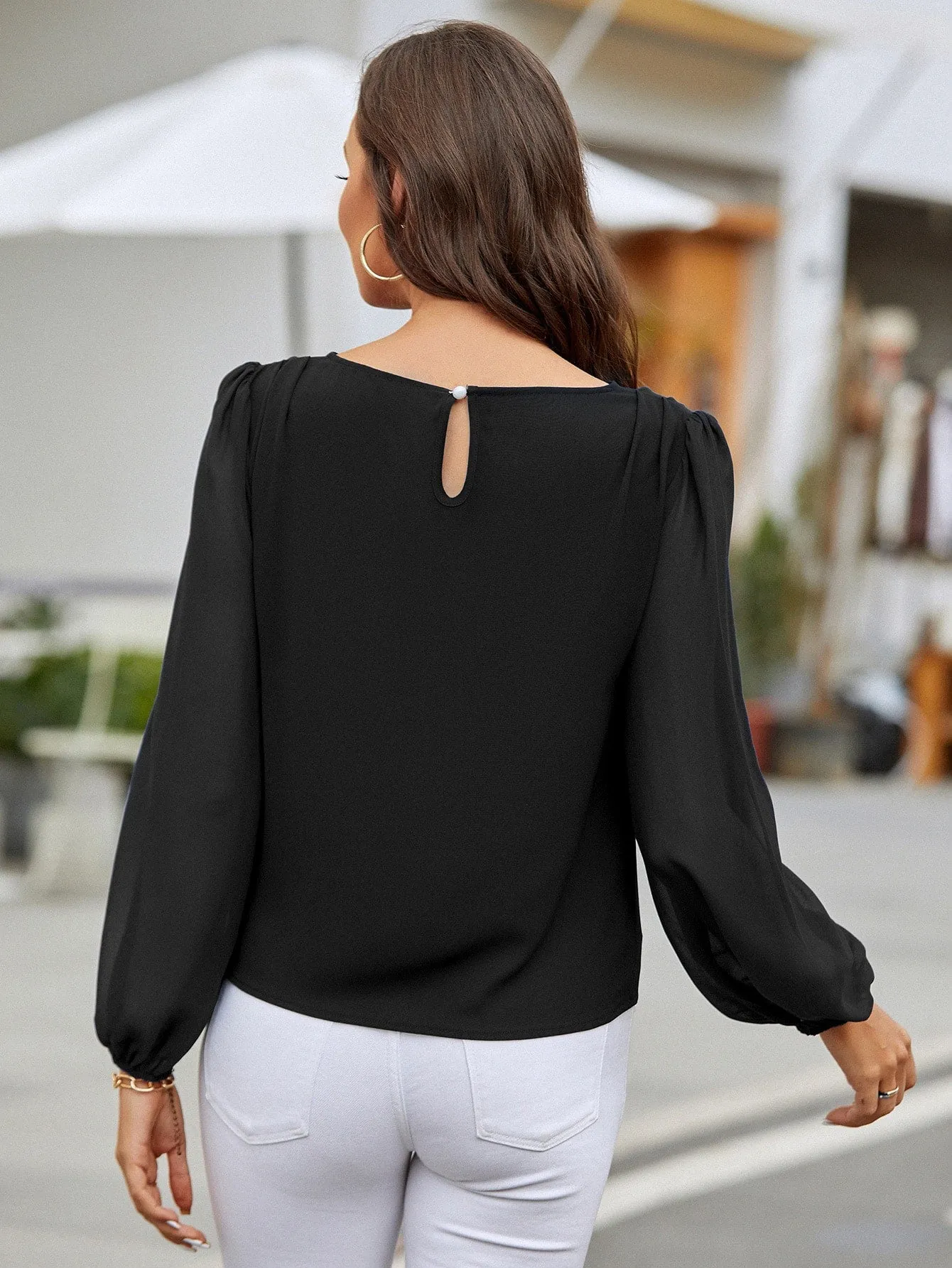 Lantern Sleeve Keyhole Back Blouse( CLEARANCE SALE