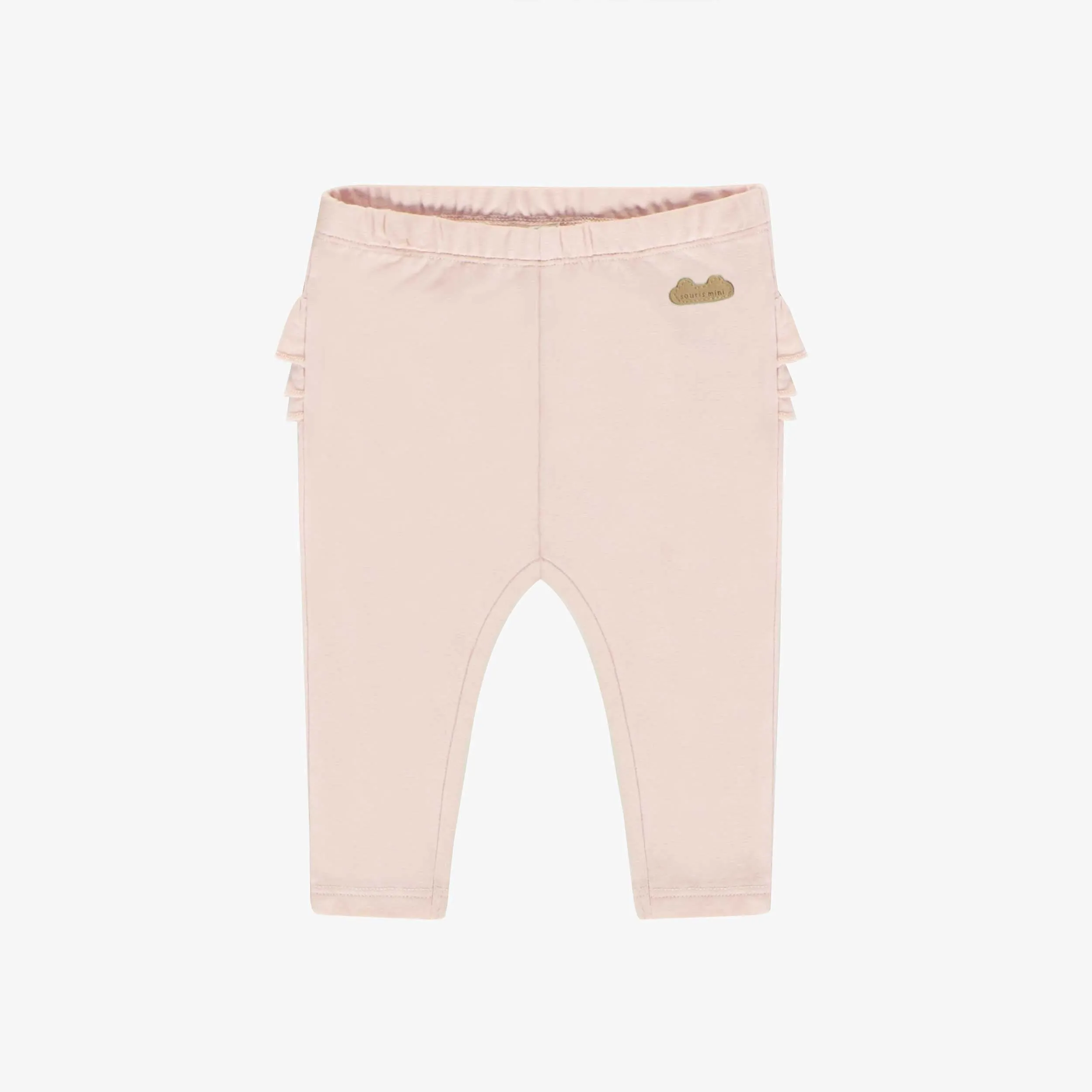 Legging long rose pâle à volants en jersey, naissance || Light pink ruffled long leggings in cotton jersey, newborn