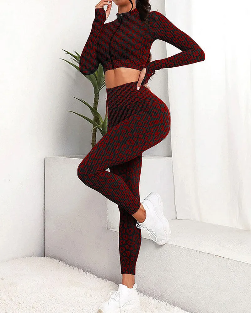 Leopard Zip-up High Waist Long Sleeve Trousers Two-piece Set