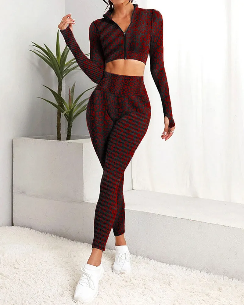 Leopard Zip-up High Waist Long Sleeve Trousers Two-piece Set