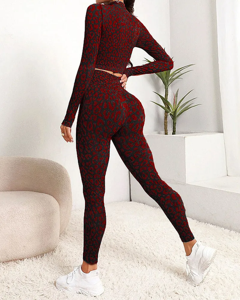 Leopard Zip-up High Waist Long Sleeve Trousers Two-piece Set