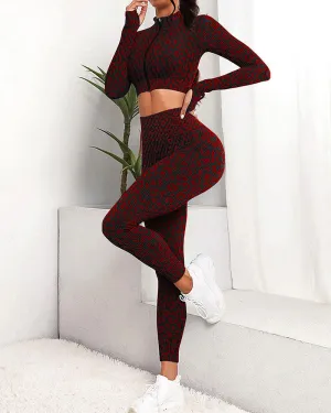 Leopard Zip-up High Waist Long Sleeve Trousers Two-piece Set