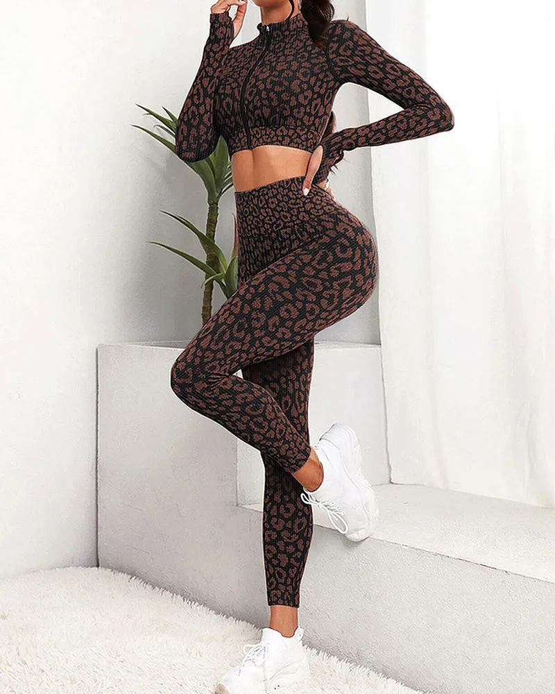 Leopard Zip-up High Waist Long Sleeve Trousers Two-piece Set