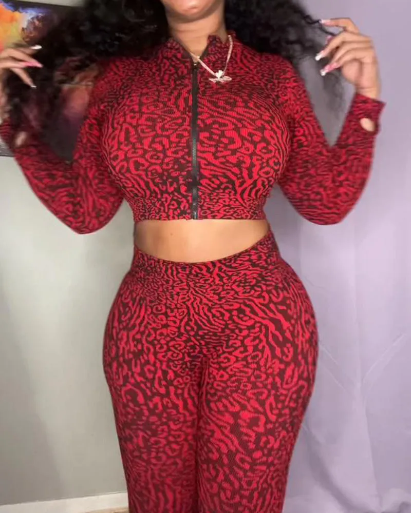 Leopard Zip-up High Waist Long Sleeve Trousers Two-piece Set