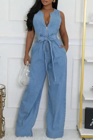 Light Blue Casual Pocket Strap Design Belted Round Neck Zip-up Sleeveless Wide Leg Loose Denim Vest Jumpsuits