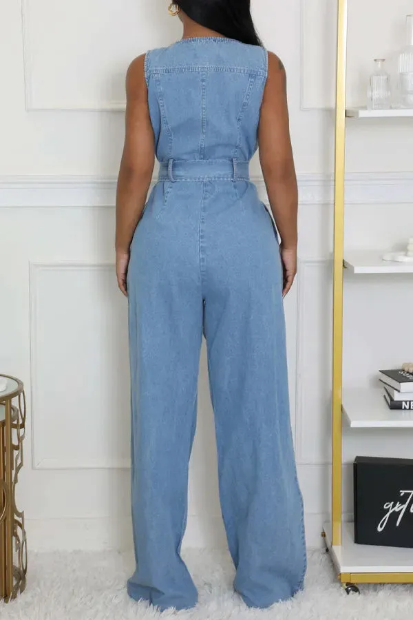 Light Blue Casual Pocket Strap Design Belted Round Neck Zip-up Sleeveless Wide Leg Loose Denim Vest Jumpsuits