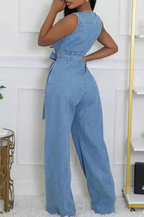 Light Blue Casual Pocket Strap Design Belted Round Neck Zip-up Sleeveless Wide Leg Loose Denim Vest Jumpsuits