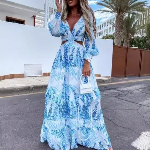 Light Blue Waist Cutout Maxi Dress