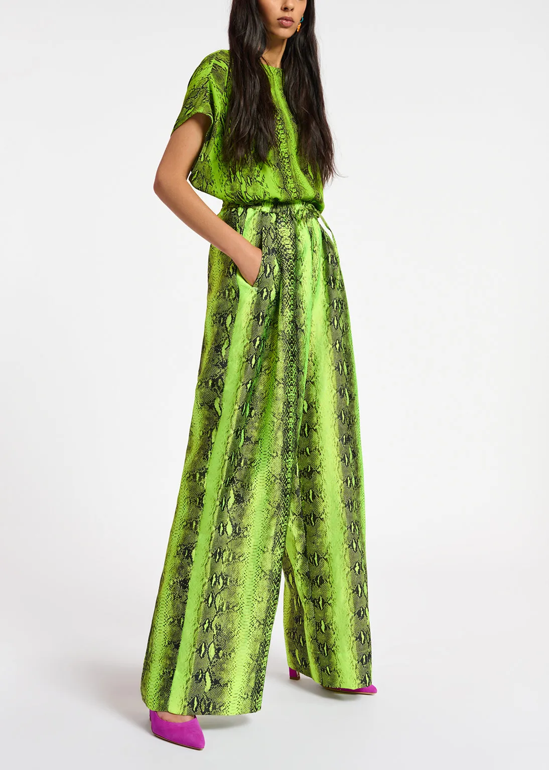 Lime green and black snake-print short-sleeved top