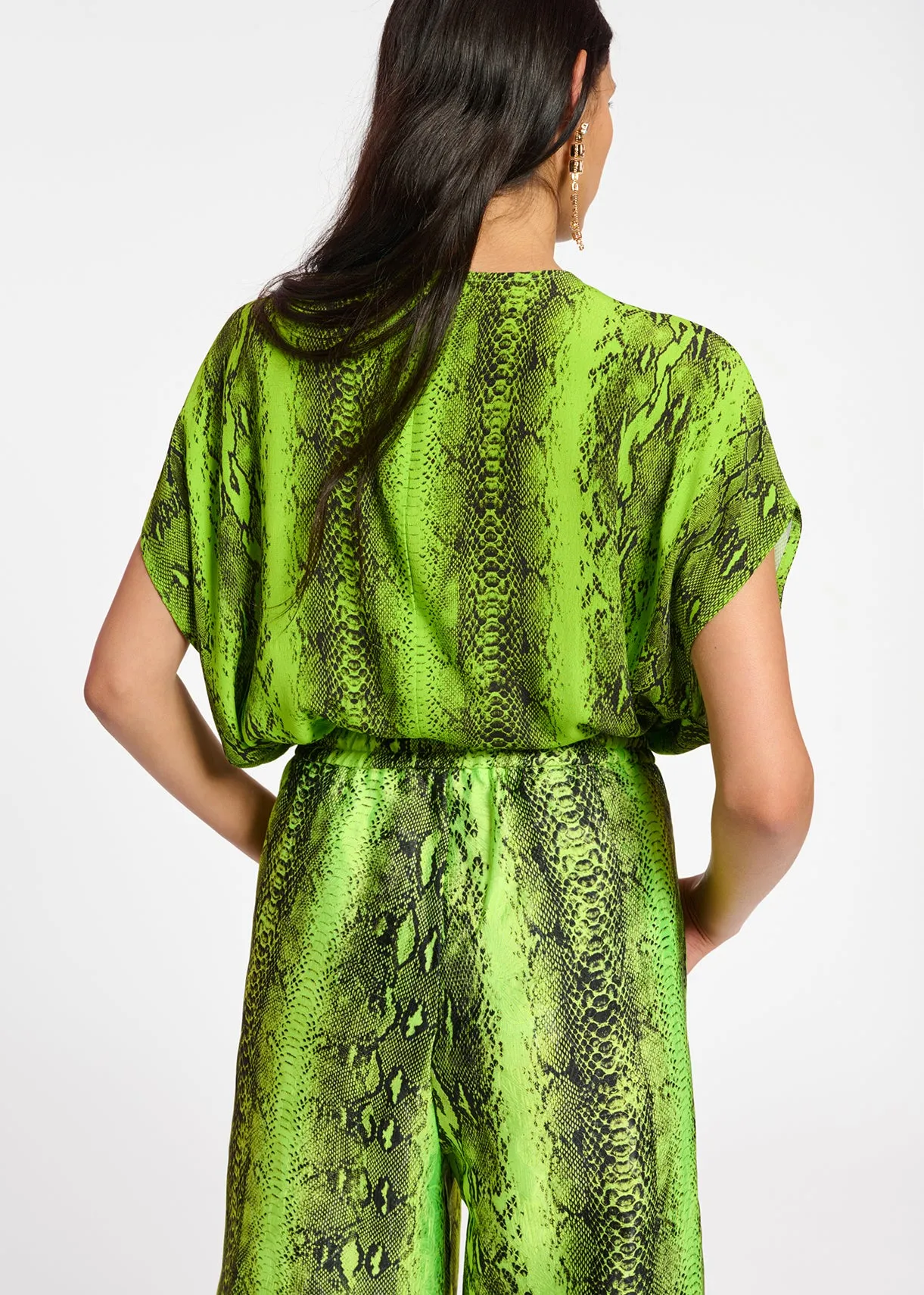 Lime green and black snake-print short-sleeved top