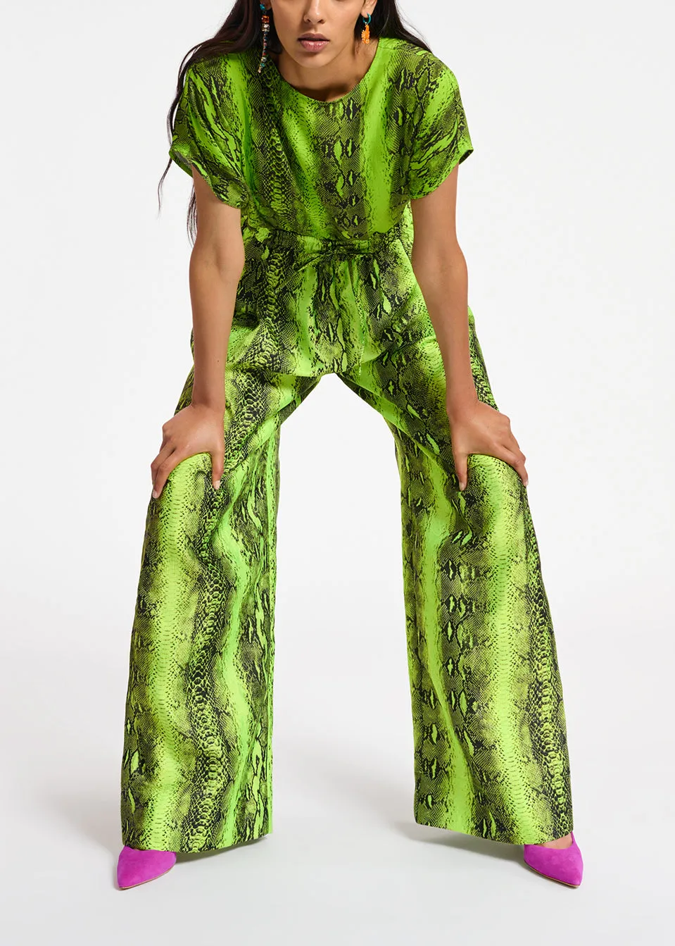 Lime green and black snake-print short-sleeved top