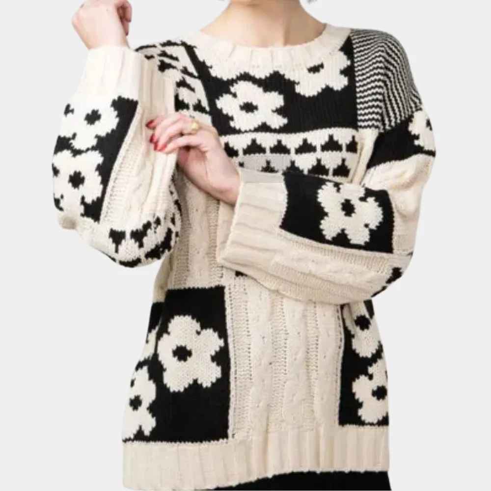 Locker gestrickter Damenpullover mit Blumenmuster - Lilou