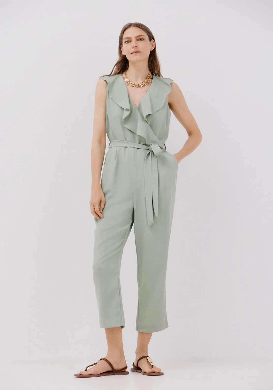 Long Flounced Jumpsuit - Light Blue