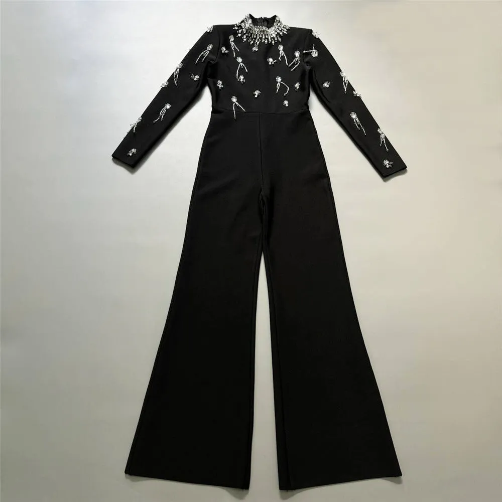 Long Sleeve Beaded Diamond Wide Leg Jumpsuit