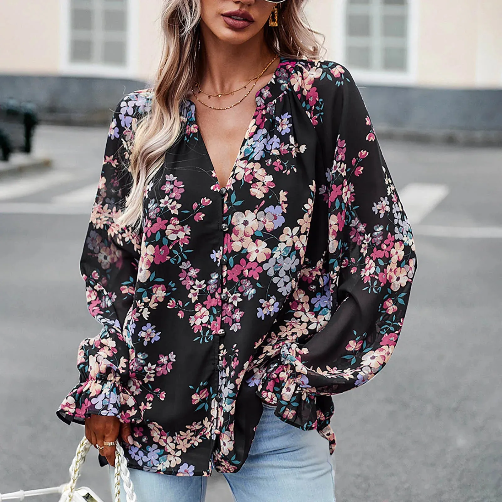 Lucia – Elegant Floral Print Long Sleeve Shirt for Women