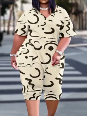 LW Plus Size Casual Loose Jumpsuit Graffiti Print Pocket Design Jumpsuit Wide Leg Pants Overalls short sleeve Oversized Jumpsuit