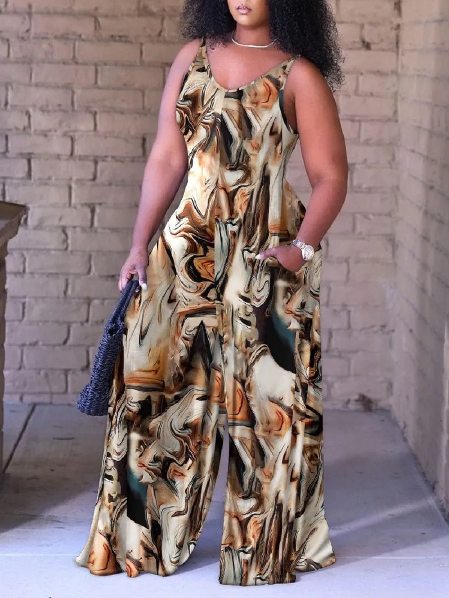 LW Plus Size Mixed Print Wide Leg Pocket Design Jumpsuit Sleeveless Spaghetti Strap Women Elastic loose Summer Jumpsuit