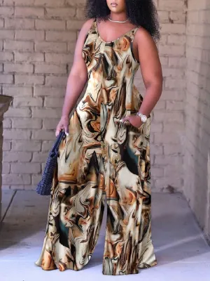 LW Plus Size Mixed Print Wide Leg Pocket Design Jumpsuit Sleeveless Spaghetti Strap Women Elastic loose Summer Jumpsuit