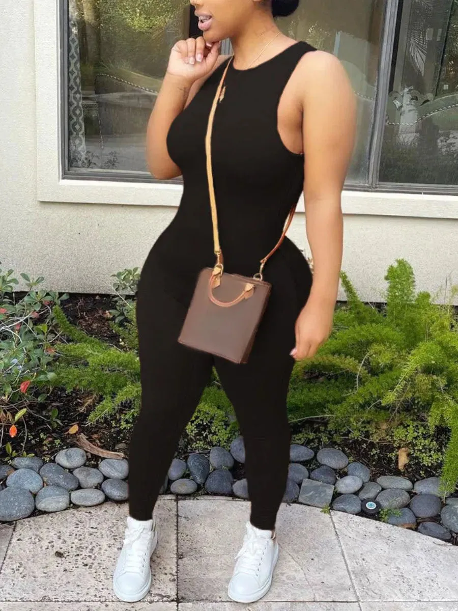 LW Plus Size Pencil Jumpsuit Casual Skinny Black One-piece Jumpsuit Fitness Sporty Playsuit Sleeveless Slim Activewear Jumpsuit