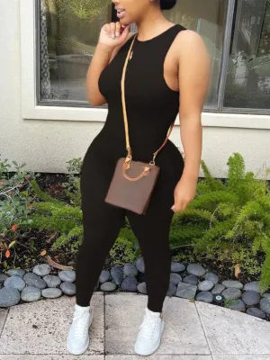 LW Plus Size Pencil Jumpsuit Casual Skinny Black One-piece Jumpsuit Fitness Sporty Playsuit Sleeveless Slim Activewear Jumpsuit