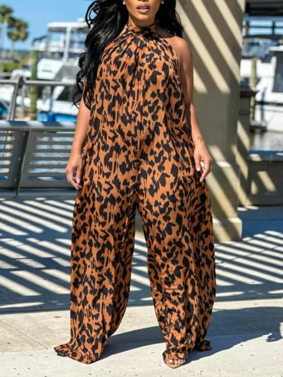 LW Plus Size Print Backless Wide Leg Jumpsuit Elegant Women Sleeveless Jumpsuits Long Rompers Fashion Bodysuit Jumpsuit Lady Out