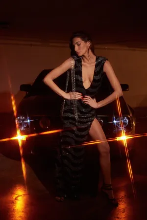MAXI DEEP VNECK DRESS SHOULDER  FRINGES