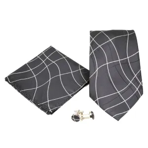 Men's Black-White Wavy String Pattern Design 4-pc Necktie Box Set