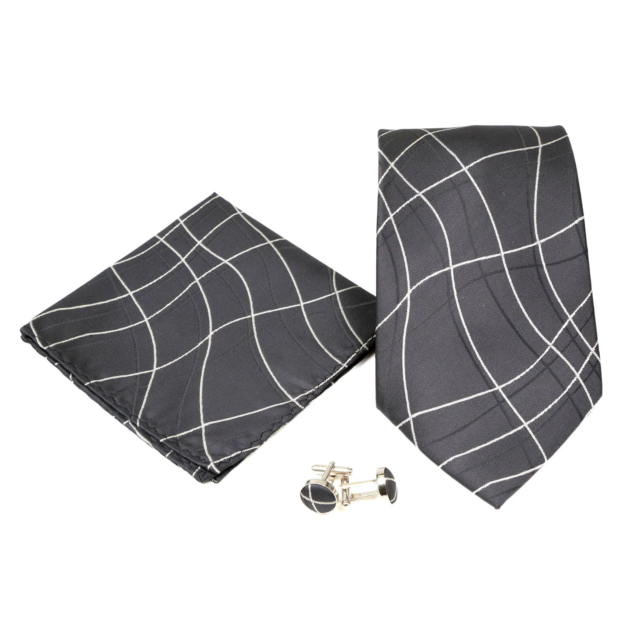 Men's Black-White Wavy String Pattern Design 4-pc Necktie Box Set