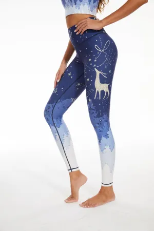 Midnight Forest High-Waisted Leggings with Deer and Starry Night Print for Yoga, Running & Everyday Wear