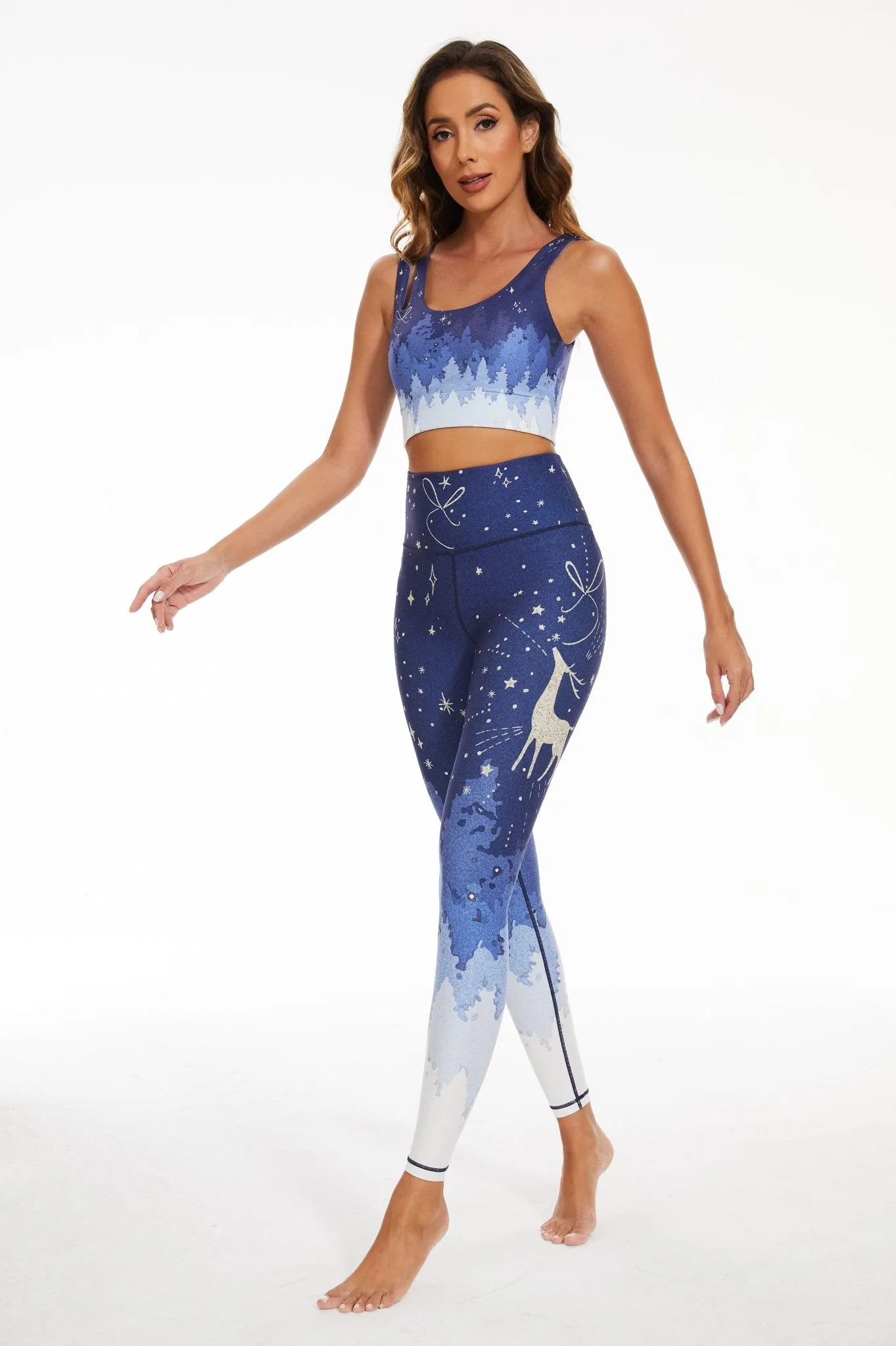 Midnight Forest High-Waisted Leggings with Deer and Starry Night Print for Yoga, Running & Everyday Wear