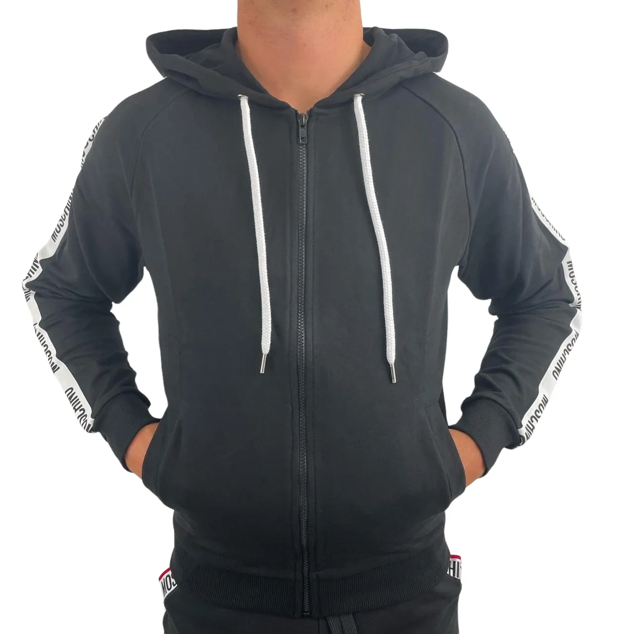 MOSCHINO TAPE ZIP UP HOODIE - BLACK