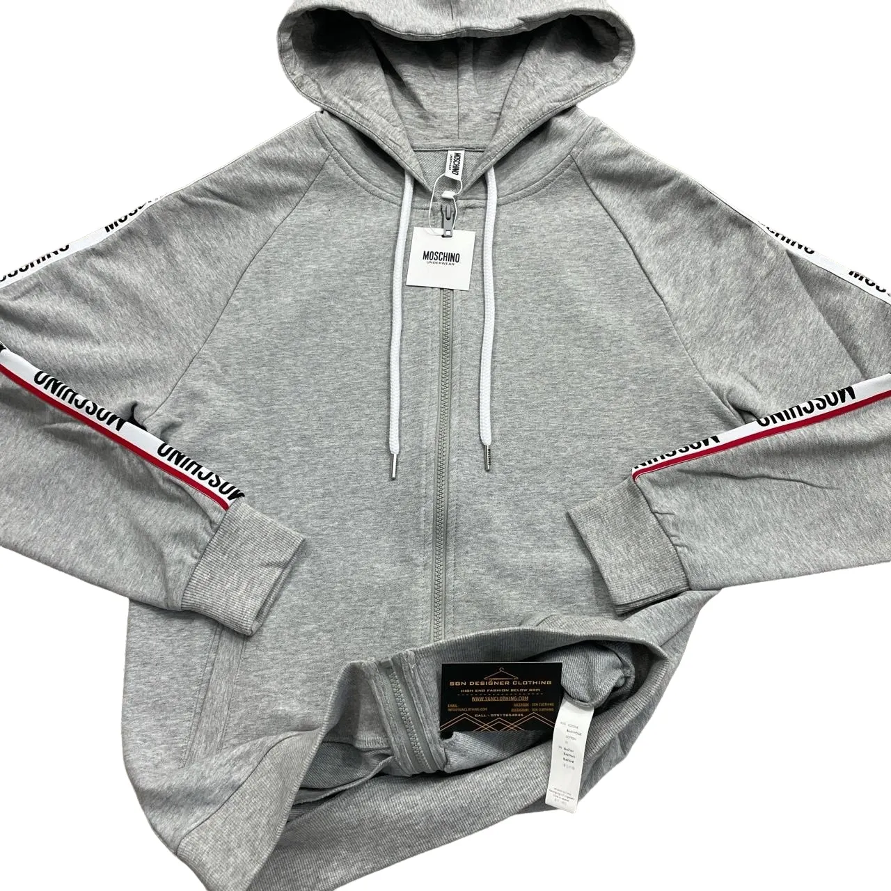 MOSCHINO TAPE ZIP UP HOODIE - GREY