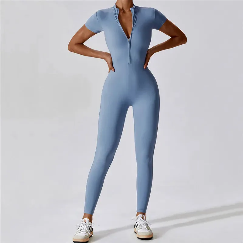 MyZyQg Women Summer Zipper Ballet Dance Aerial Short Sleeve Yoga Jumpsuit Female Dance Fitness Bodyfitting Sports Playsuits