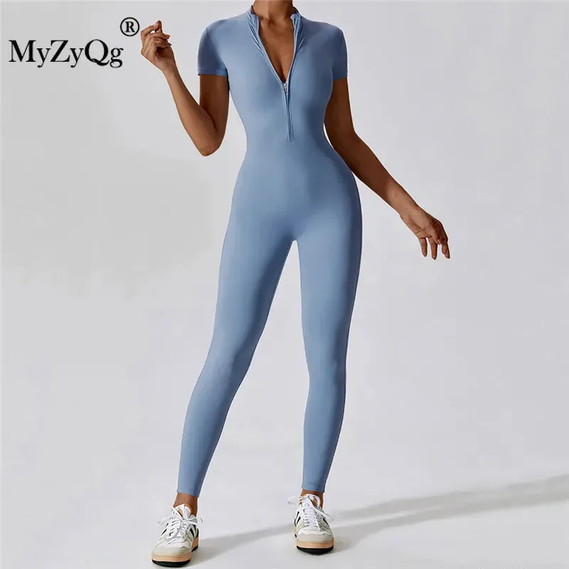 MyZyQg Women Summer Zipper Ballet Dance Aerial Short Sleeve Yoga Jumpsuit Female Dance Fitness Bodyfitting Sports Playsuits