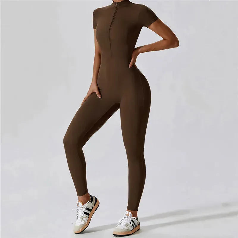 MyZyQg Women Summer Zipper Ballet Dance Aerial Short Sleeve Yoga Jumpsuit Female Dance Fitness Bodyfitting Sports Playsuits