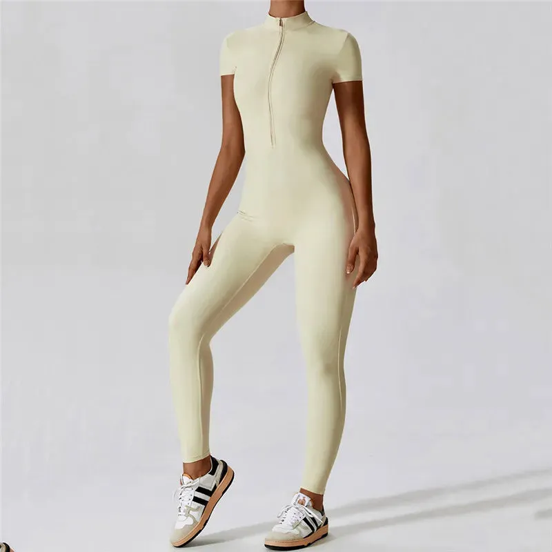 MyZyQg Women Summer Zipper Ballet Dance Aerial Short Sleeve Yoga Jumpsuit Female Dance Fitness Bodyfitting Sports Playsuits