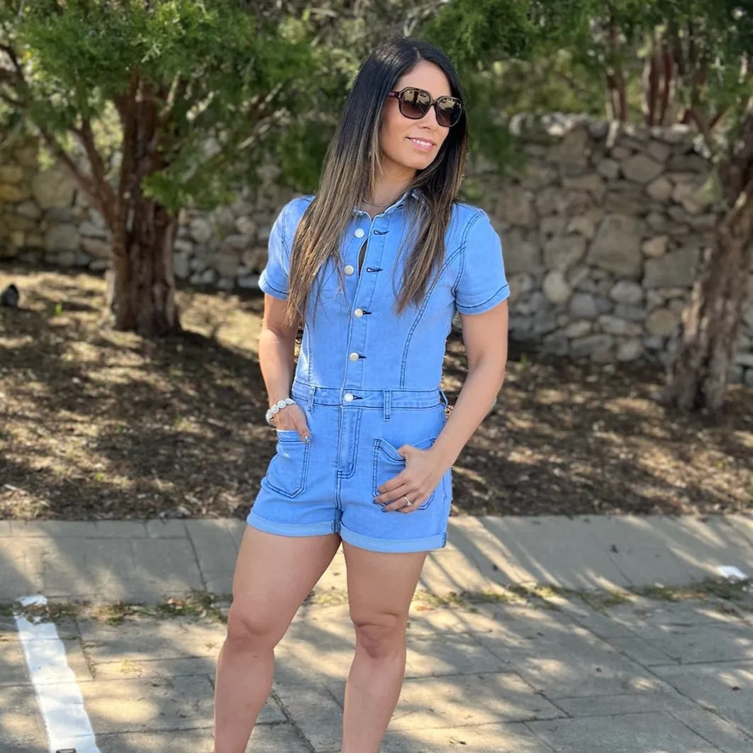 Naomi Collared Denim Button Up Romper