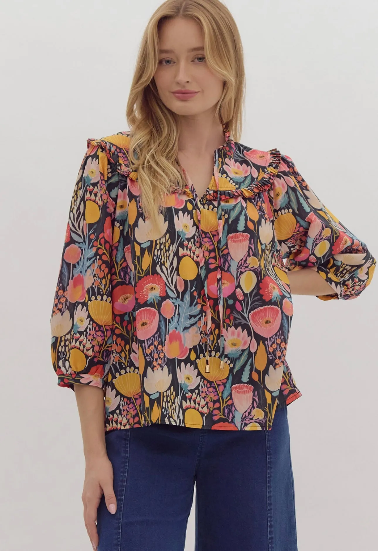 Navy Bright Floral Blouse