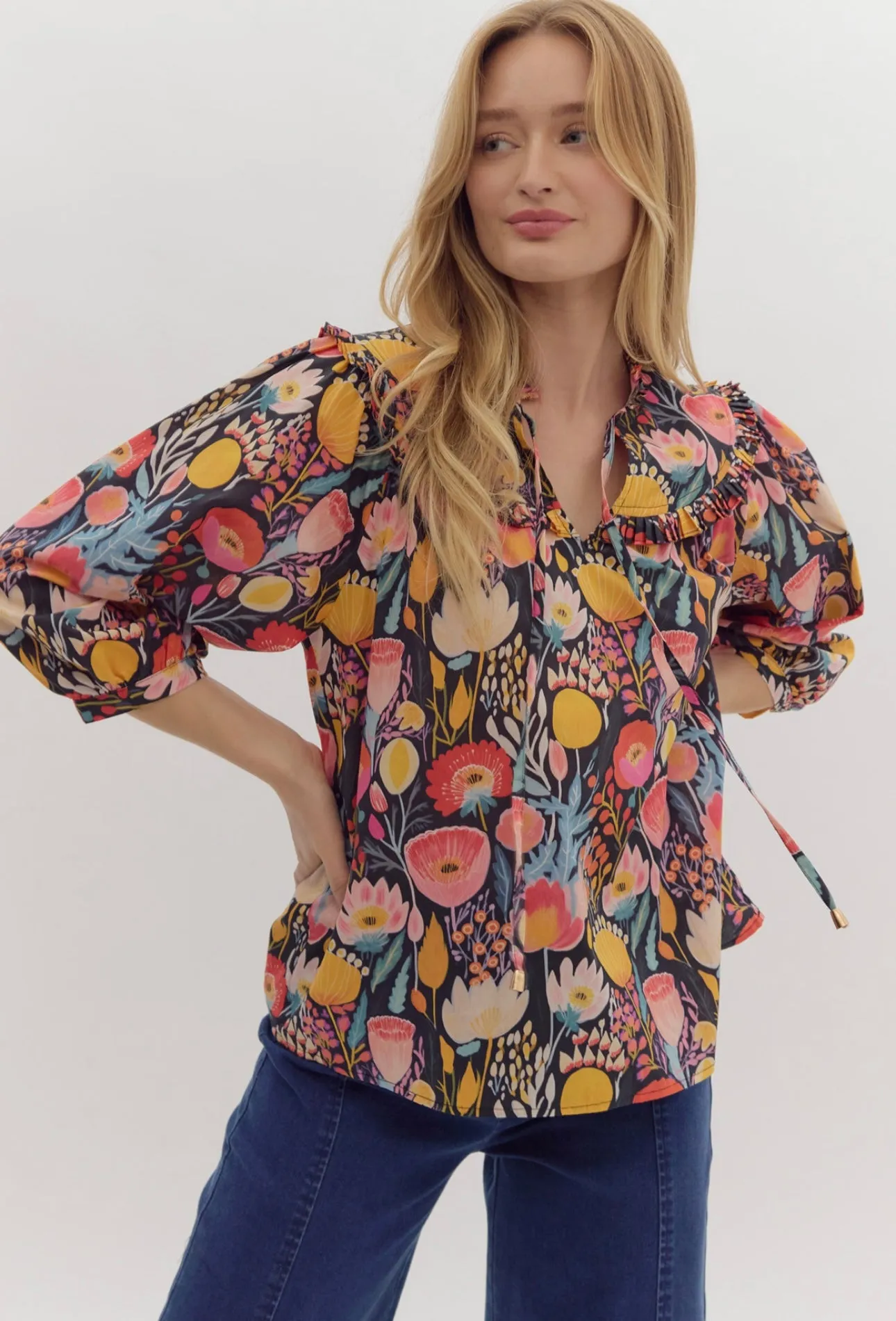 Navy Bright Floral Blouse