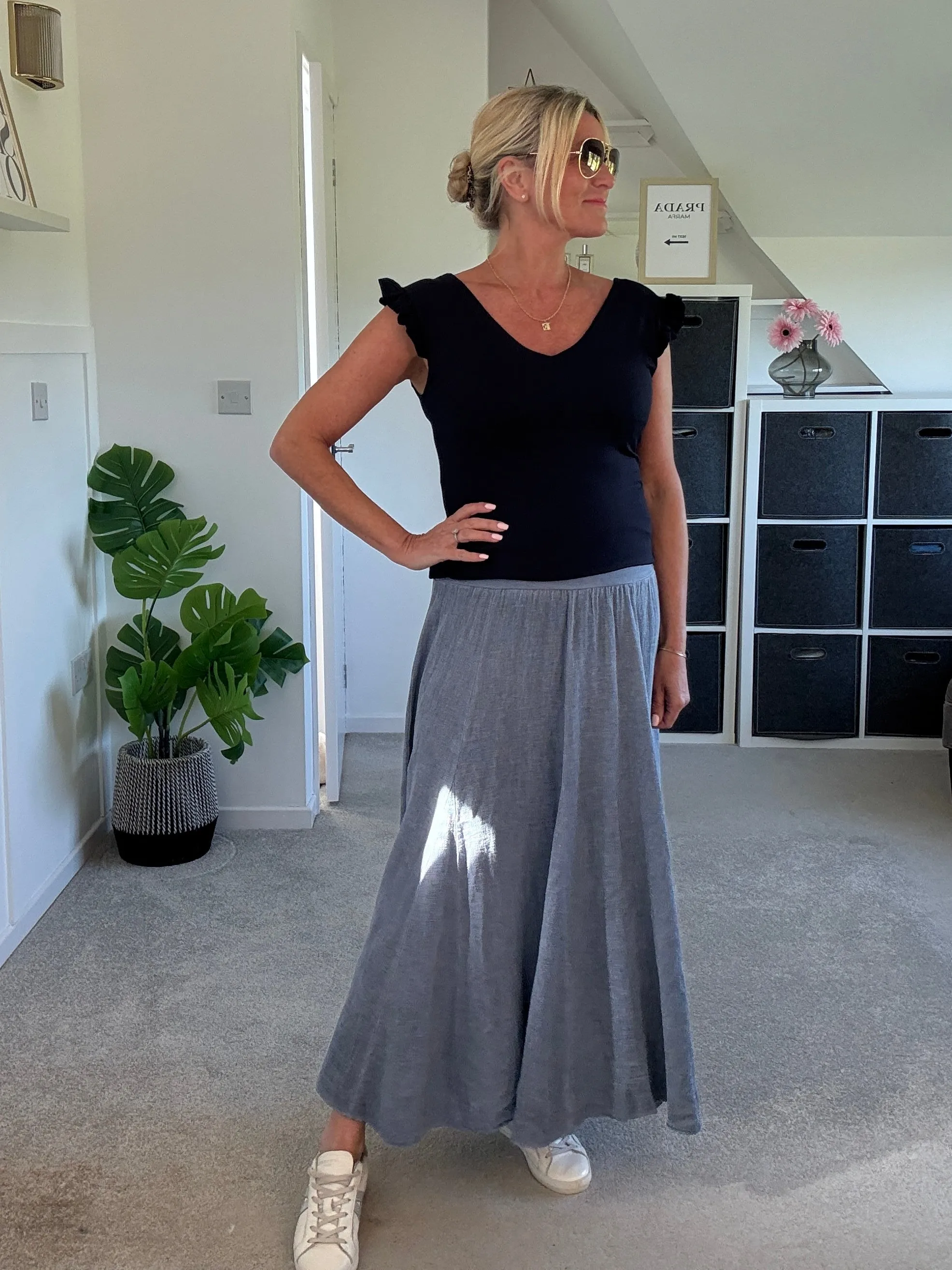 Navy Washed Linen Panel Skirt