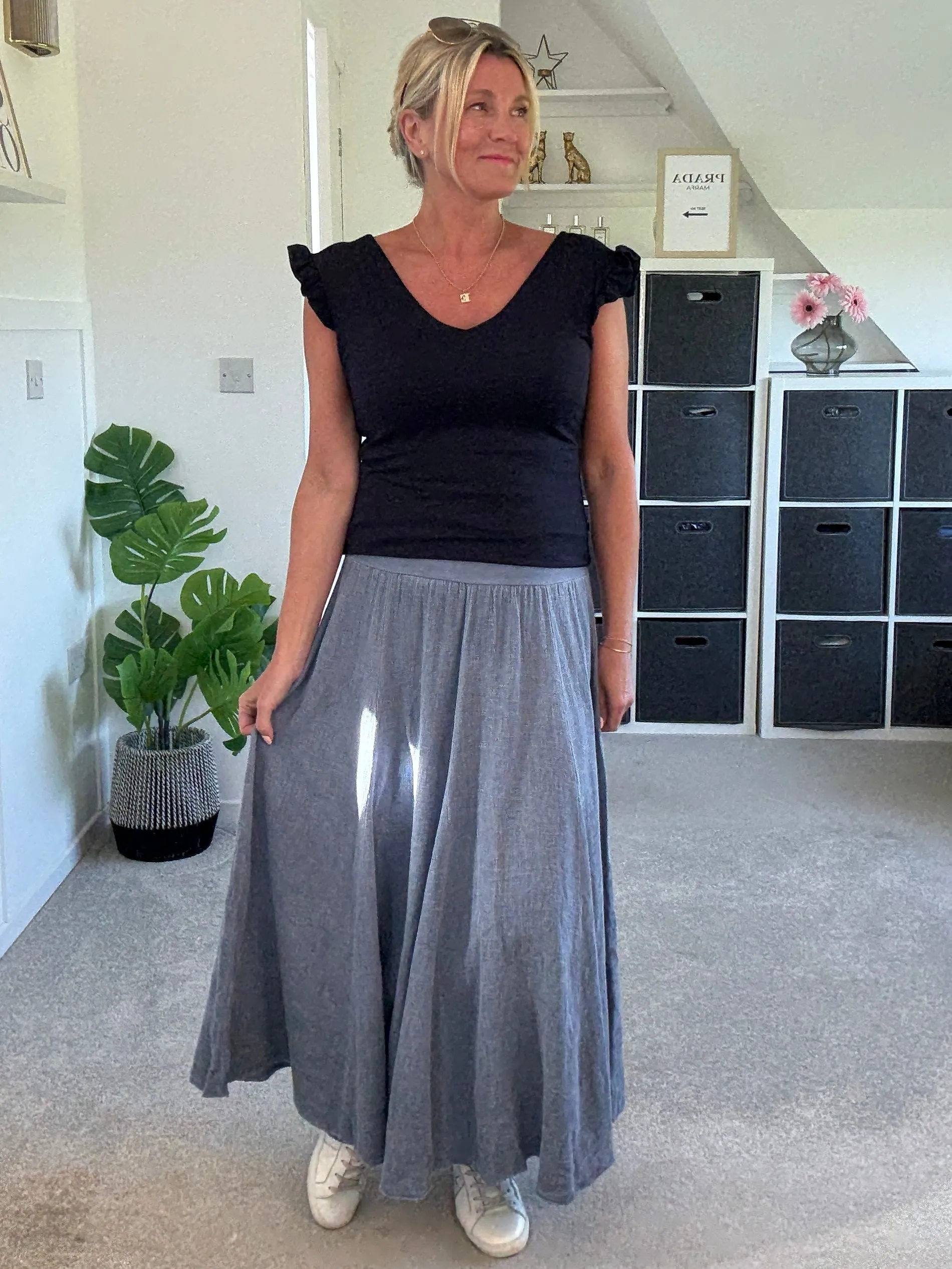 Navy Washed Linen Panel Skirt