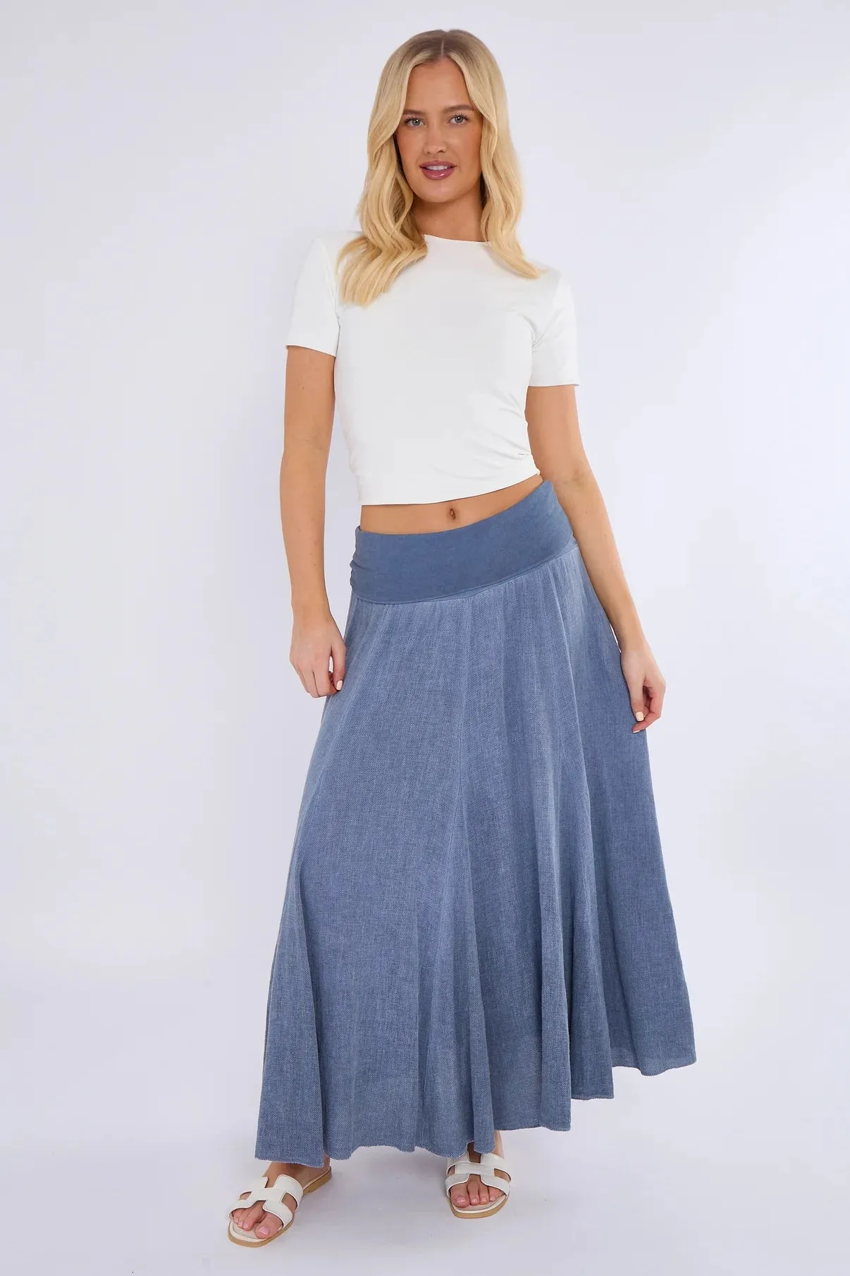 Navy Washed Linen Panel Skirt