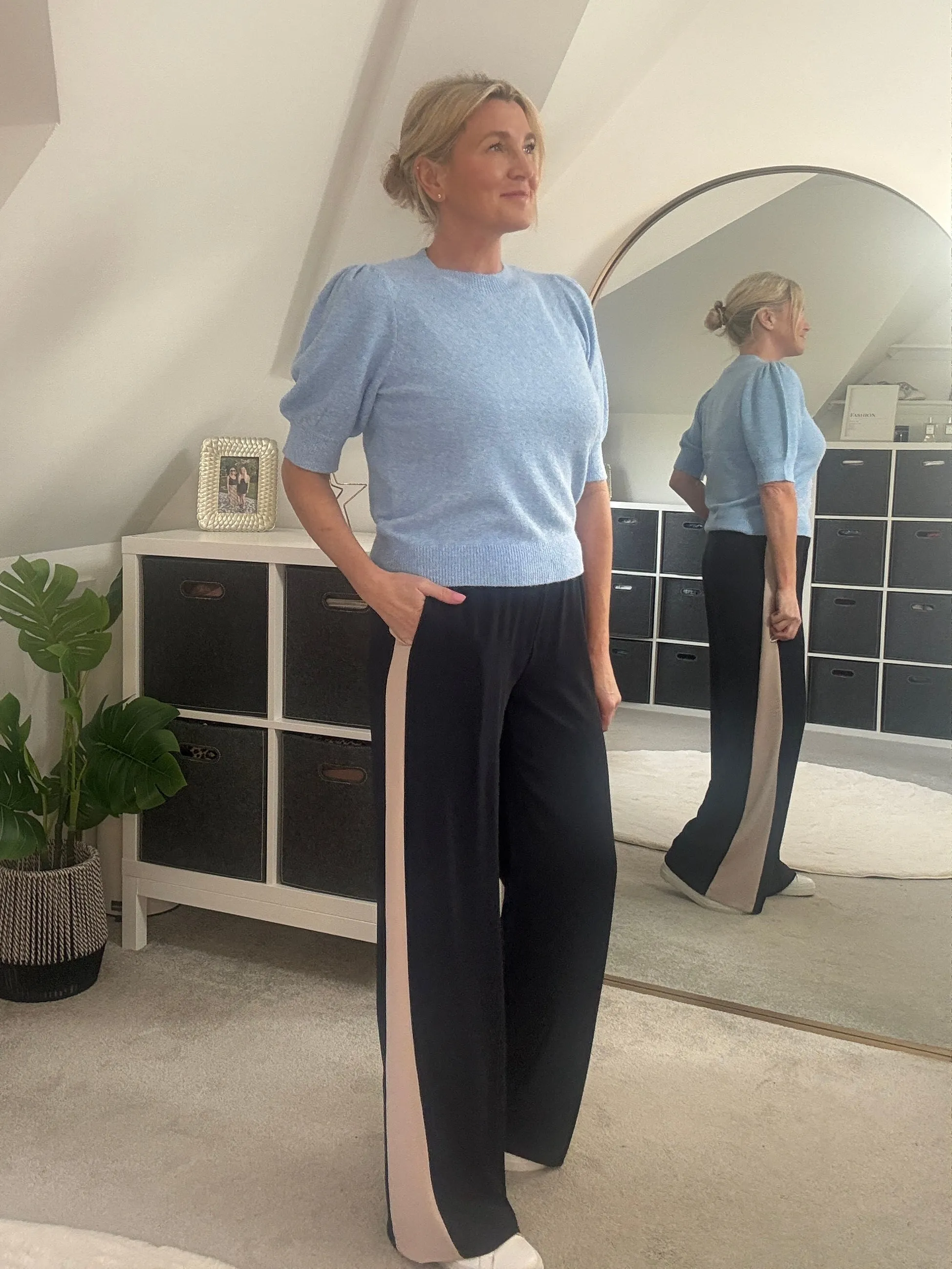 Navy/Beige Stripe Wide Leg Trousers