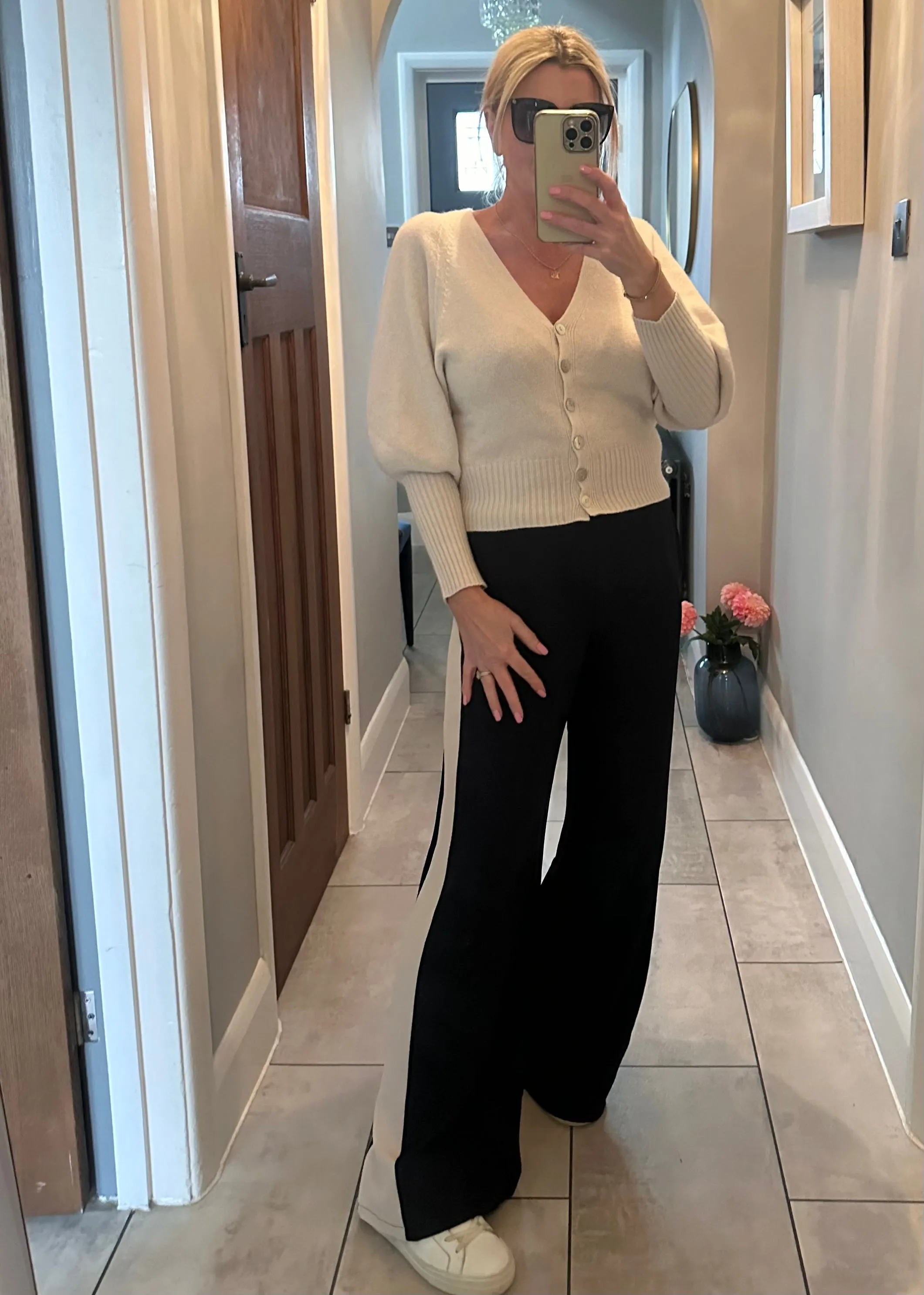 Navy/Beige Stripe Wide Leg Trousers