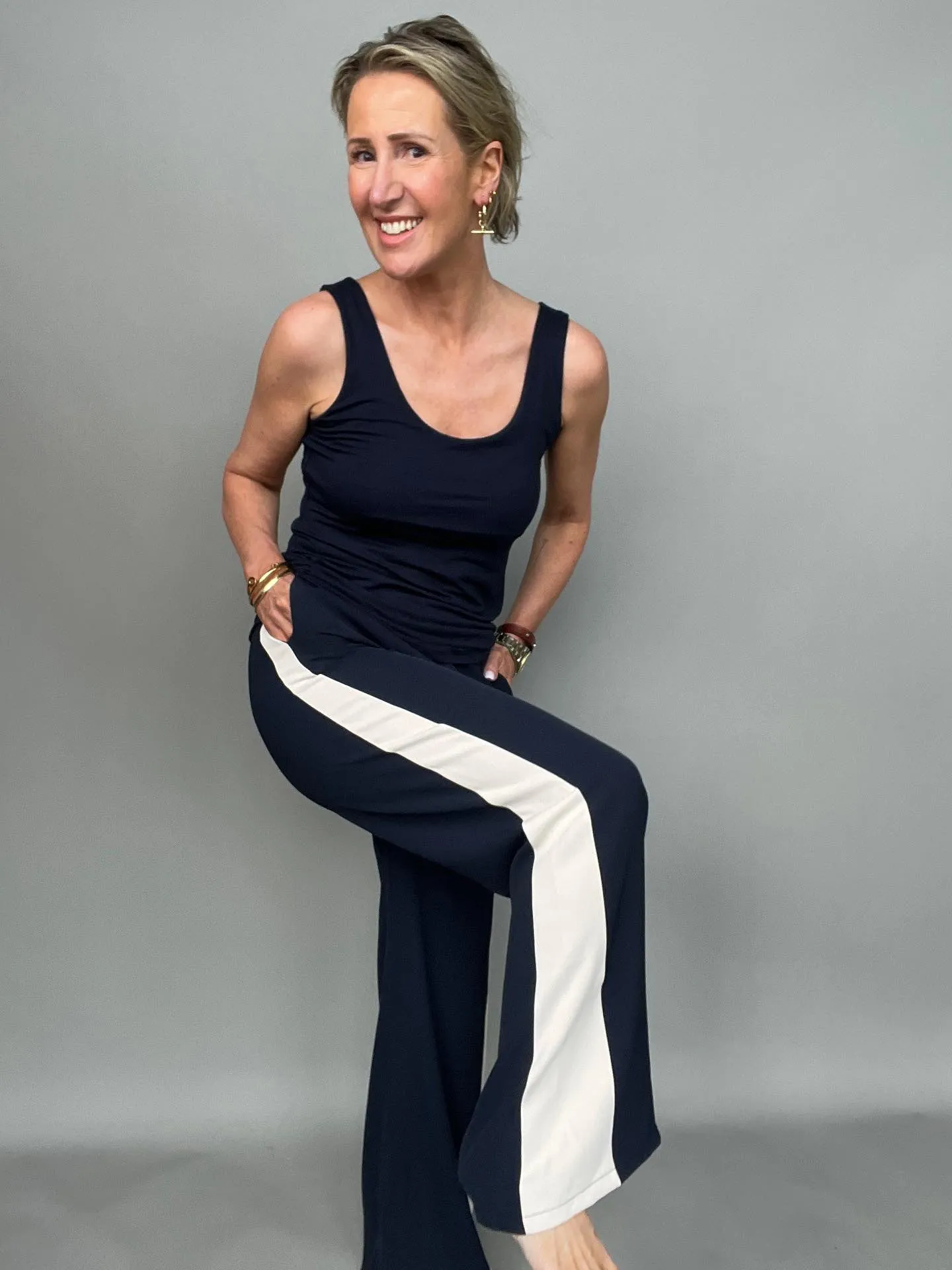 Navy/Beige Stripe Wide Leg Trousers
