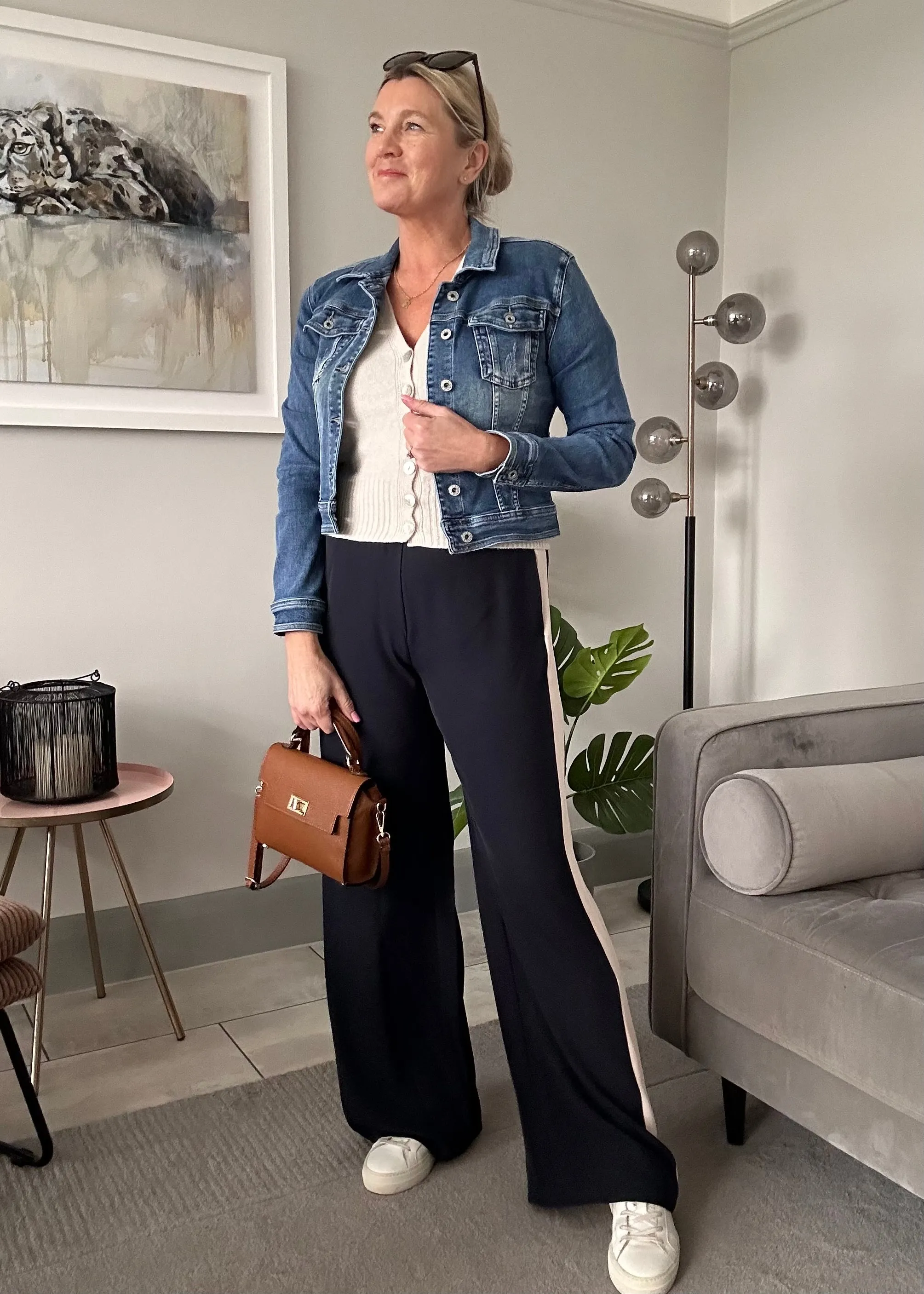 Navy/Beige Stripe Wide Leg Trousers