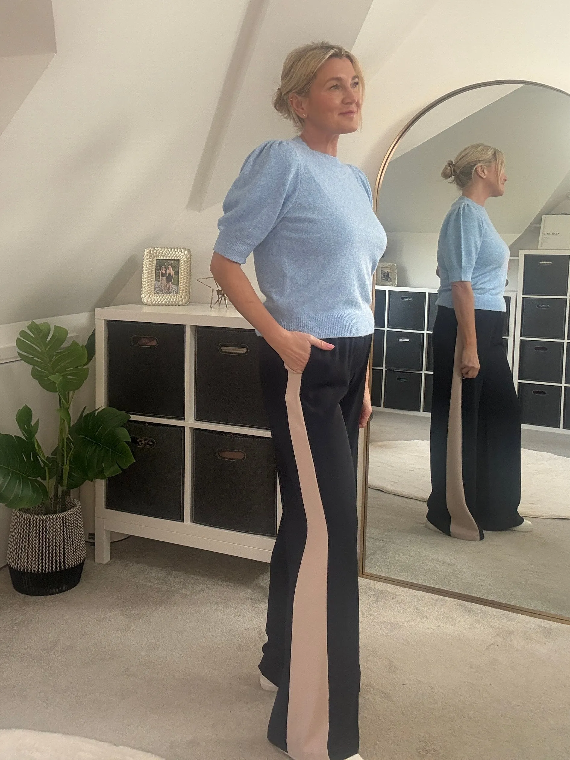 Navy/Beige Stripe Wide Leg Trousers