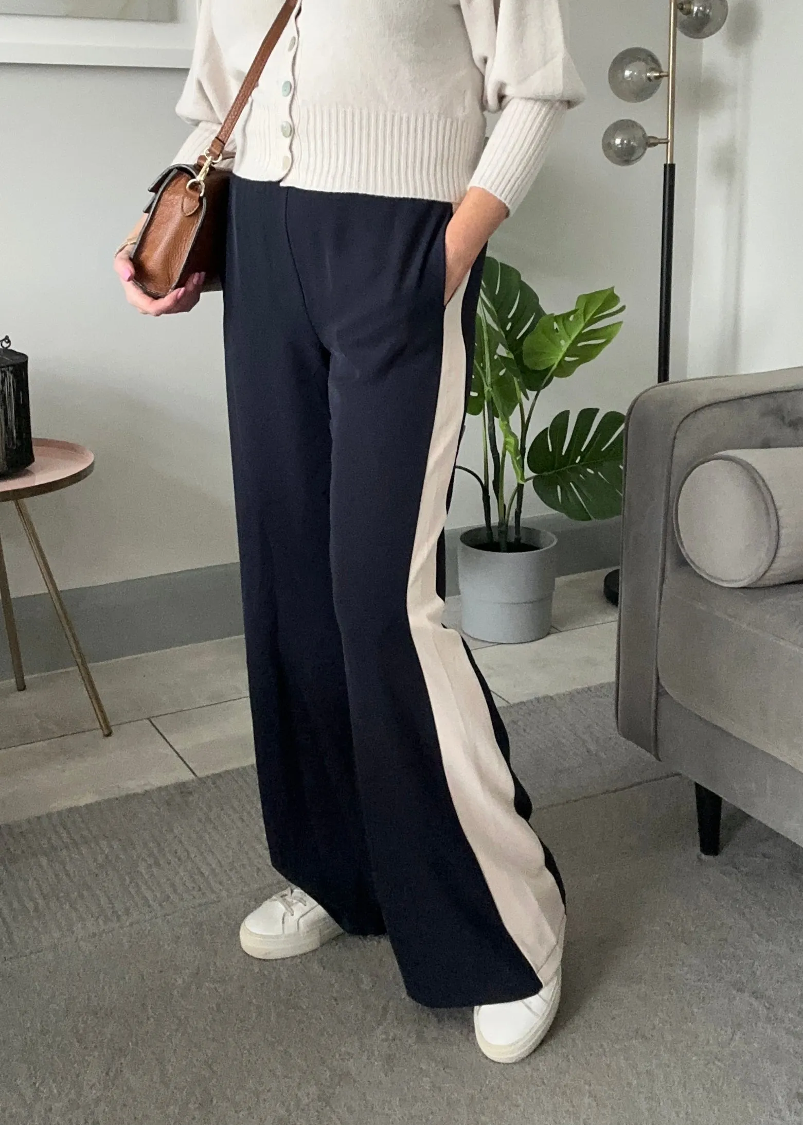 Navy/Beige Stripe Wide Leg Trousers